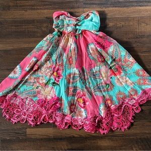 Emamo 100% Silk Lace Floral Italian Designer Strapless Dress Sz S Pink Blue NWT